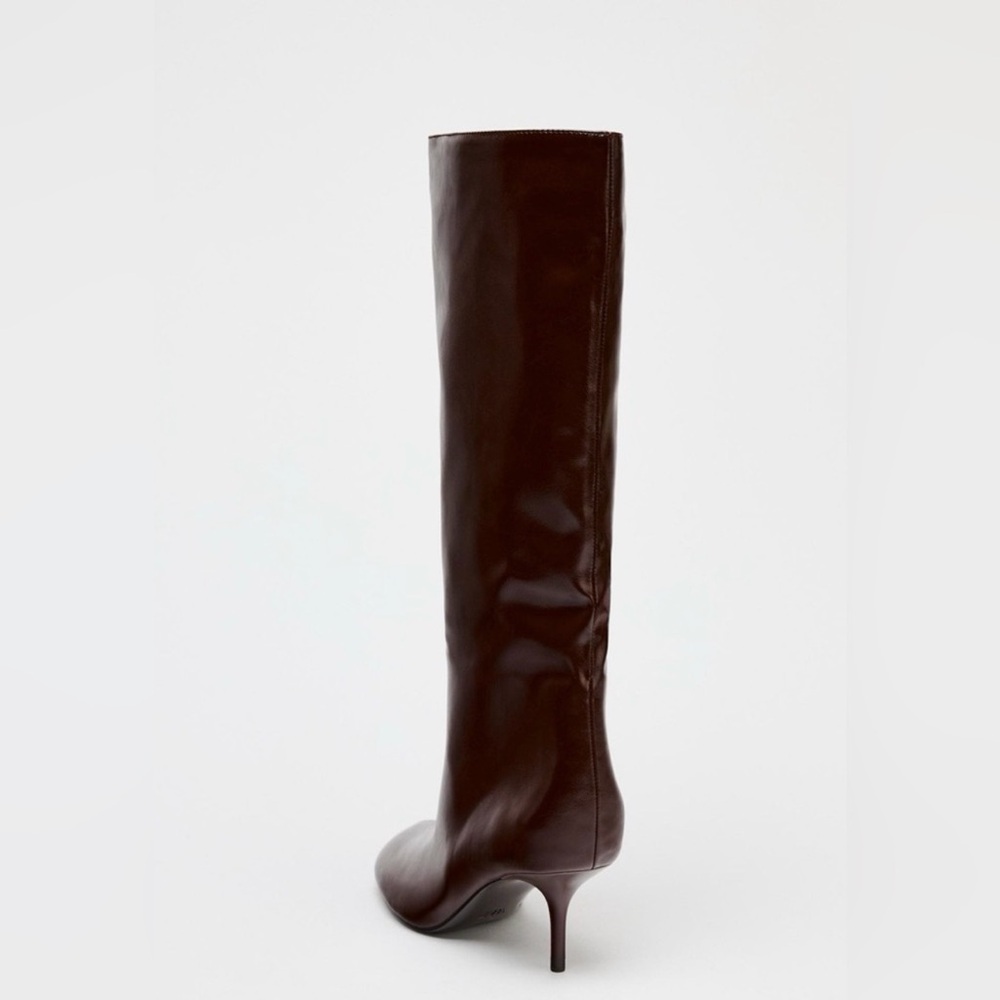 Zara Elegant Burgundy Leather Knee-High Boots Size 41 11 - Picture 2 of 2